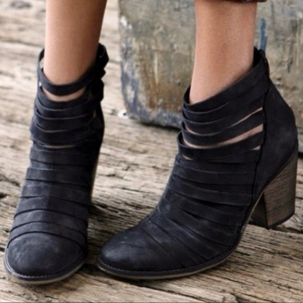Free People Black Leather Strap Ankle Boots